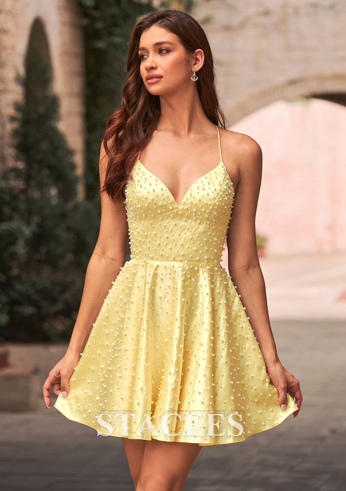 Yellow A-line V Neck Pearl Beaded Satin Spaghetti Strap Homecoming Dress - STACEES