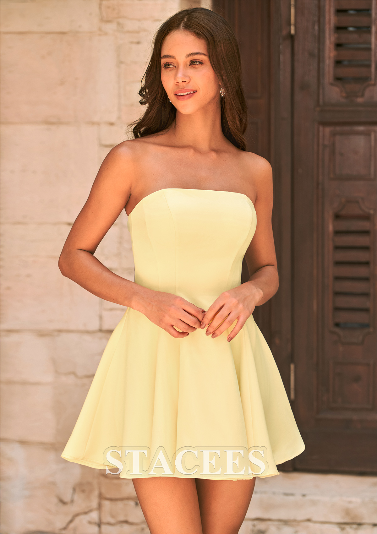 Daffodil Strapless Flared A-Line Stretch Crepe Mini Homecoming Dress - STACEES
