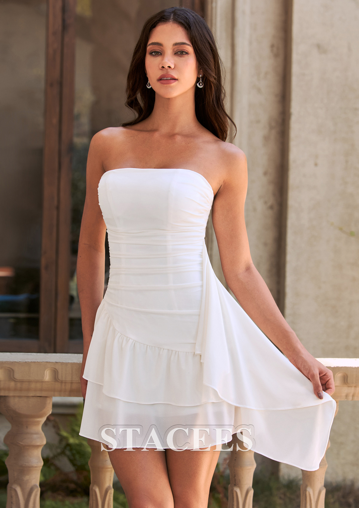 Ivory Strapless Ruffle Mini Graduation Dress with Ruched Detail - STACEES
