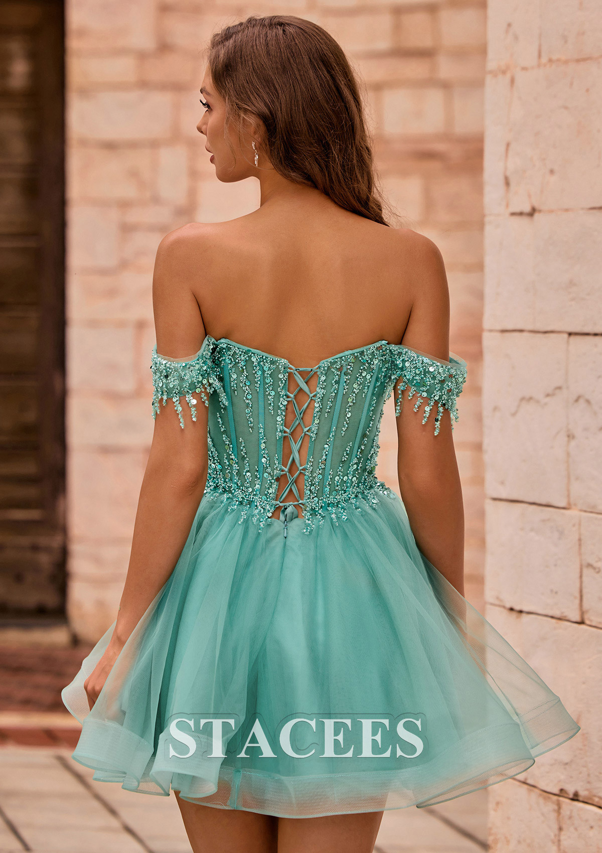As picture A-line Fringed Off-the-Shoulder Tulle Homecoming Dress with Beaded Sequins - STACEES