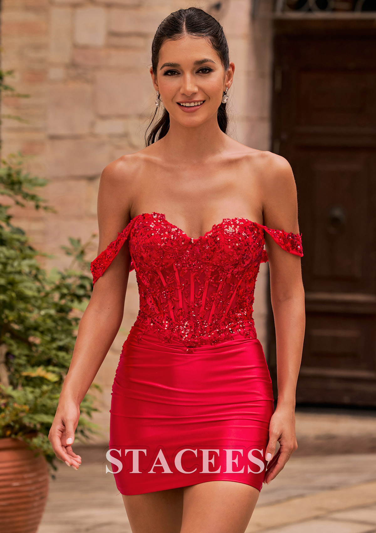 Red Off-the-Shoulder Sequin Lace Corset Silk like Satin Homecoming Dress with Pleats - STACEES