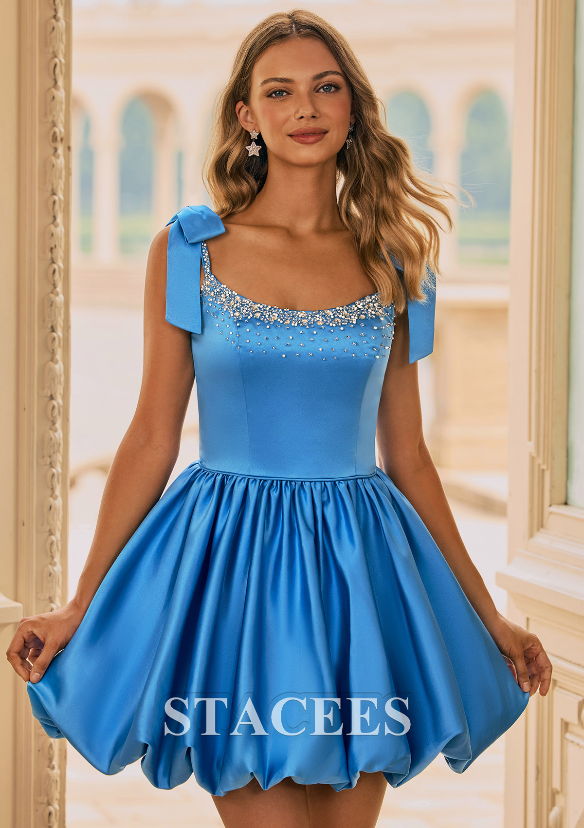 Bleu geai Robe trapèze scoop satin courte/mini robe de fête de la rentré avec perles noeuds papillons - STACEES