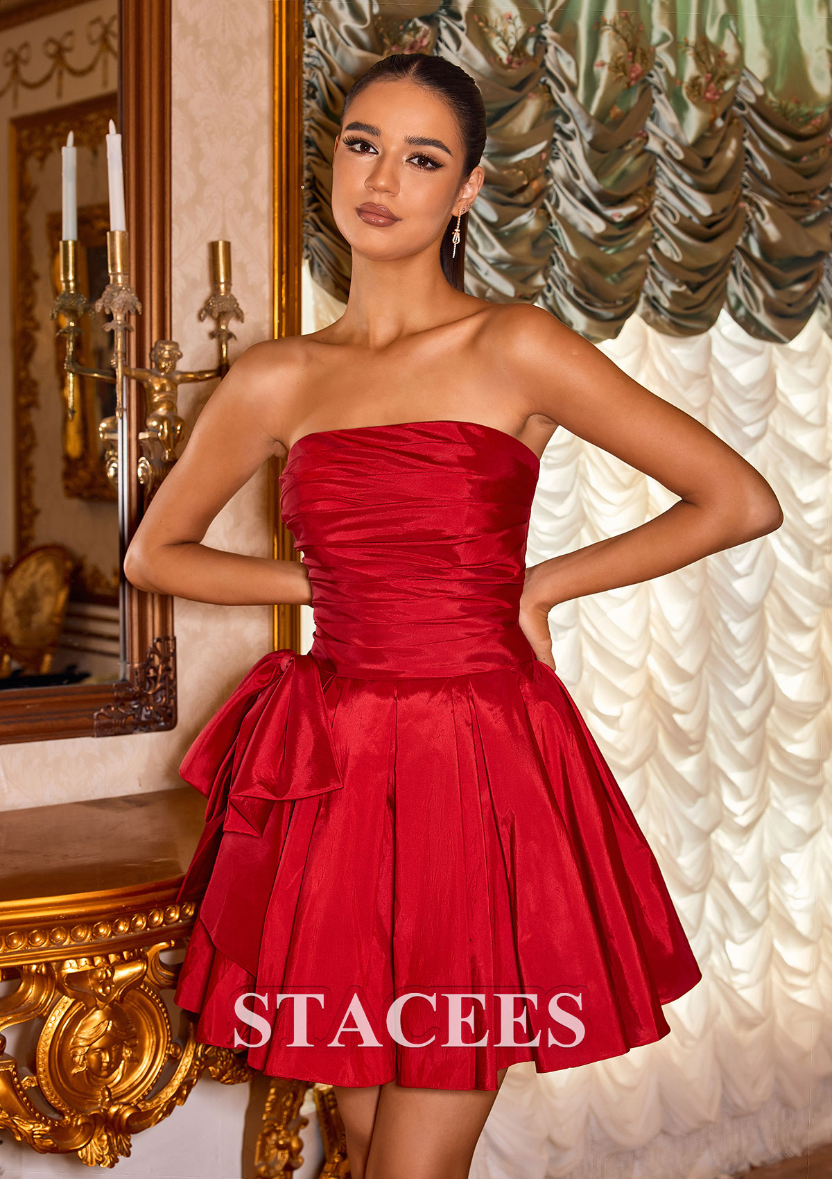 Red A-line Strapless Taffeta Short Homecoming Dress with Bowknot Pleated - STACEES