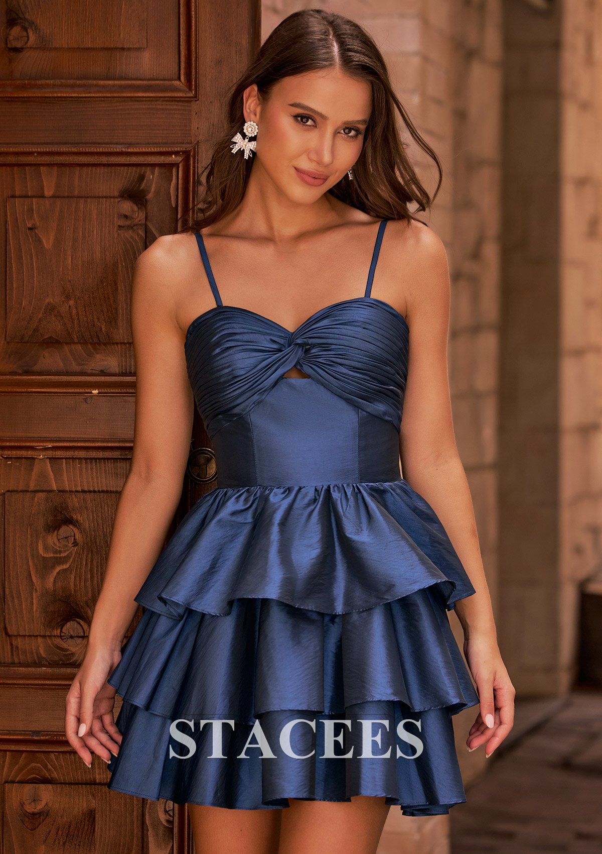 Azul Marino Oscuro Vestido línea a cuello de corazón tafetán corto vestido para homecoming - STACEES