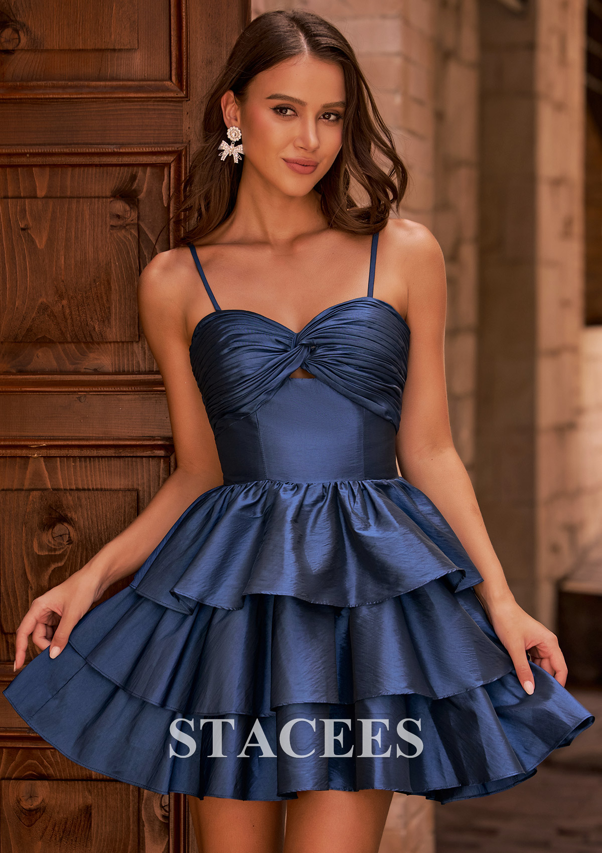 Azul Marino Oscuro Vestido línea a cuello de corazón tafetán corto vestido para homecoming - STACEES