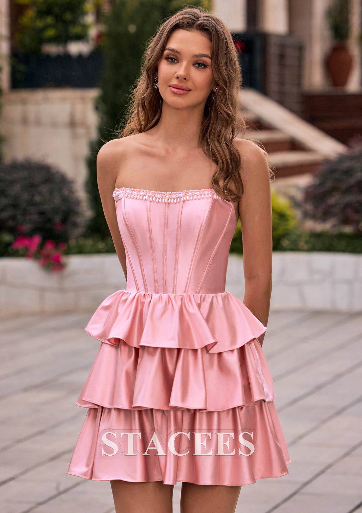Rosa Empolvado Vestido línea a cuello cuadrado seda como el satén corto vestido para homecoming - STACEES