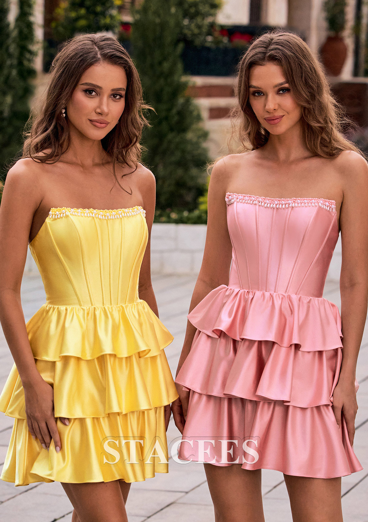 Dusty Pink Robe trapèze carrée soie comme du satin courte/mini robe de fête de la rentrée avec perles volants - STACEES