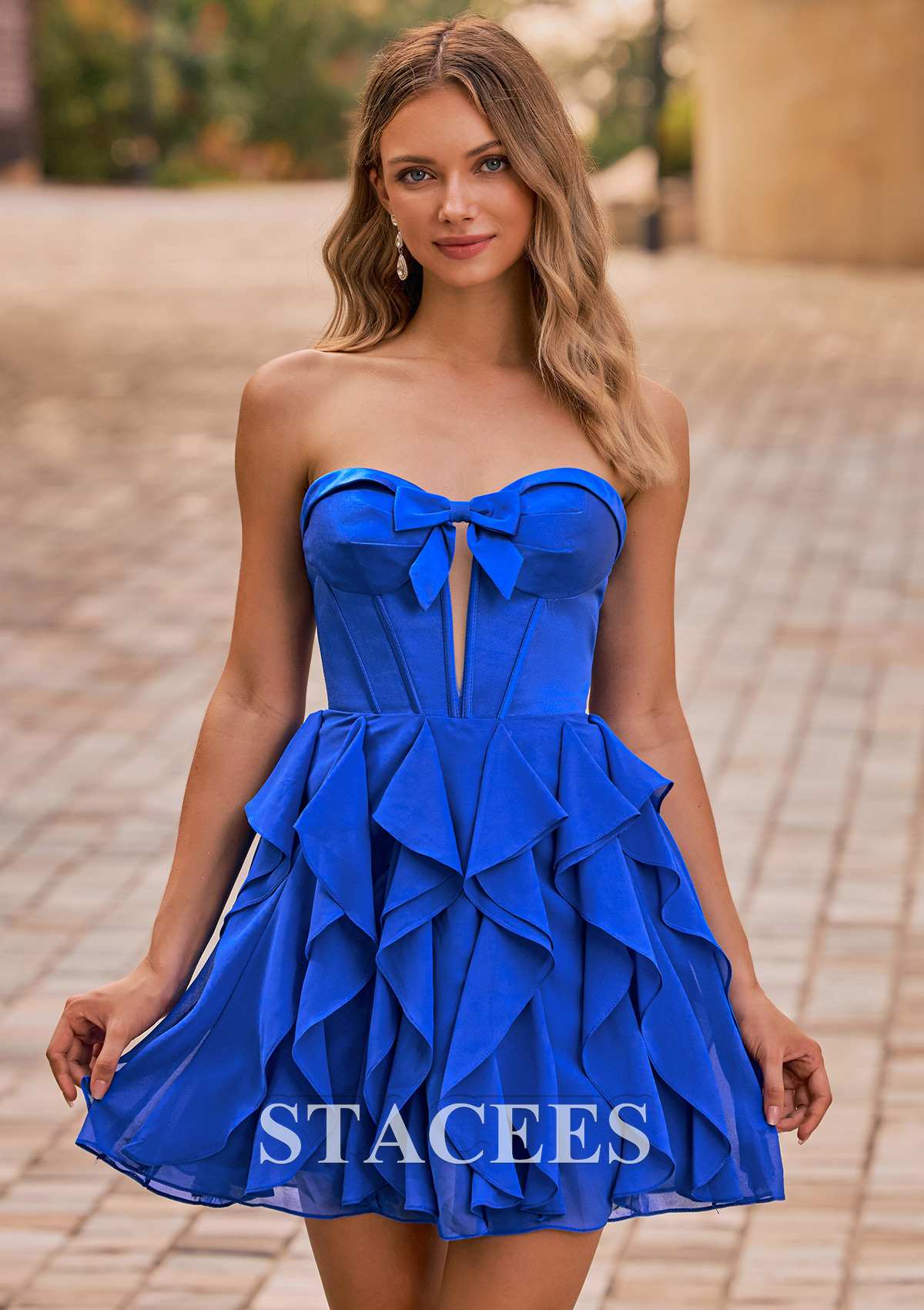 Azul Océano Vestido línea a cuello de corazón gasa satén corto vestido para homecoming - STACEES