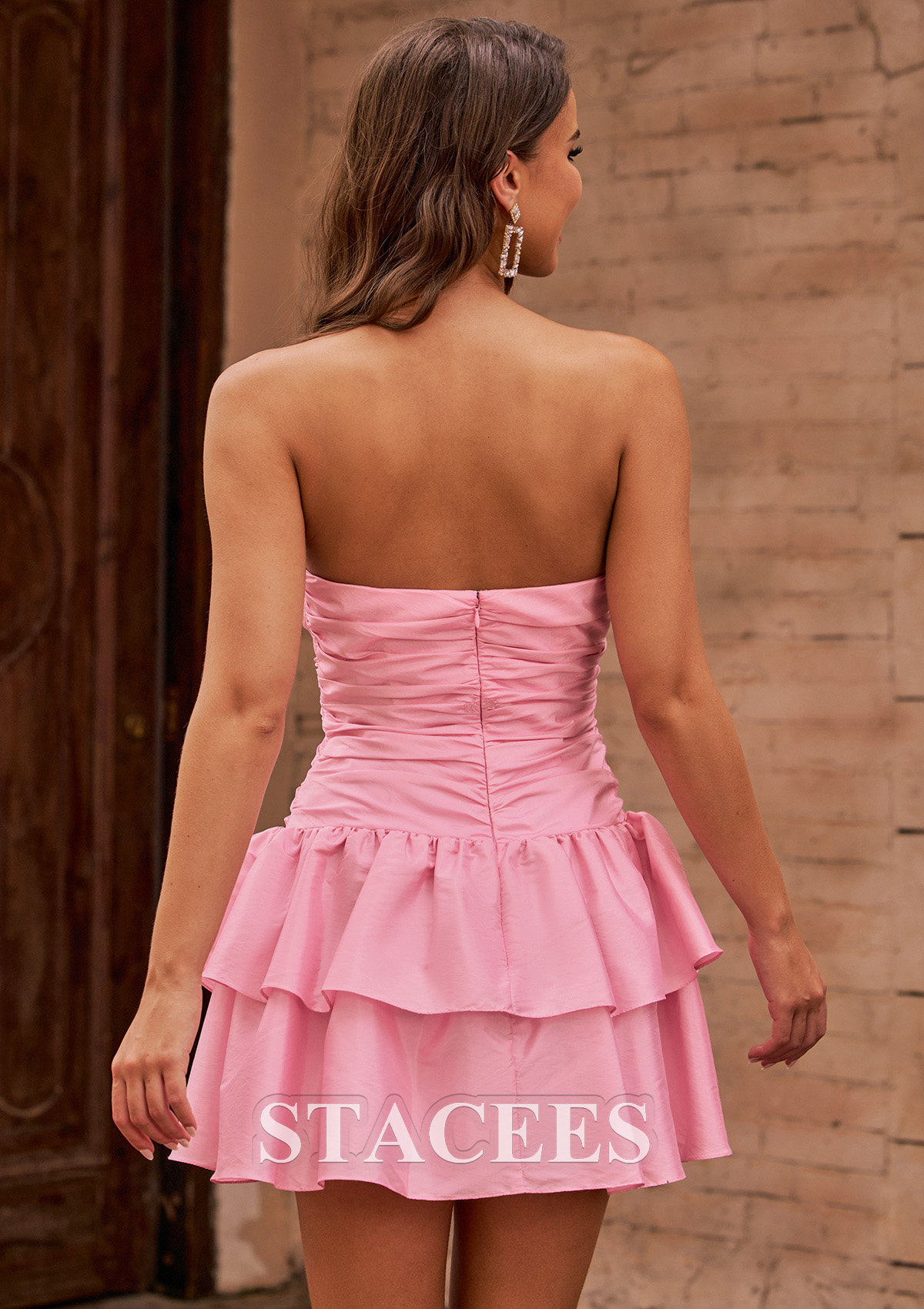 Rosa Blush Vestido línea a cuello de corazón tafetán corto vestido para homecoming - STACEES