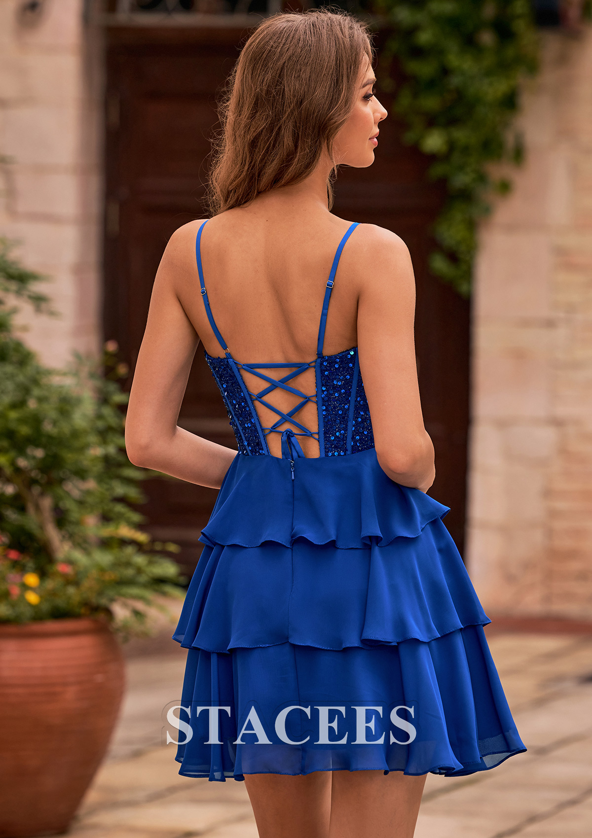 Royal Blue A-line Sequins Corset Homecoming Dress with Chiffon Ruffled Skirt - STACEES