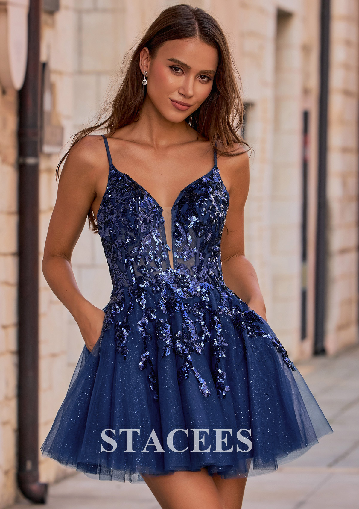Dark Navy A-line Plugging V Neck Glitter Homecoming Dress with Sequins Sheer Corset - STACEES