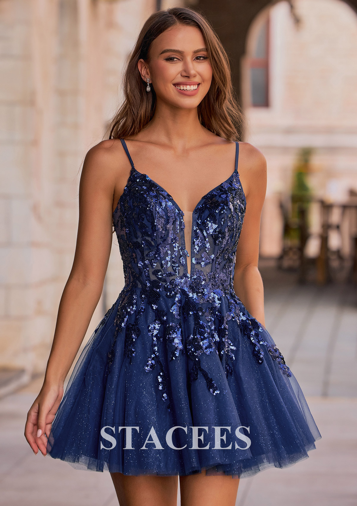 Dark Navy A-line Plugging V Neck Glitter Homecoming Dress with Sequins Sheer Corset - STACEES