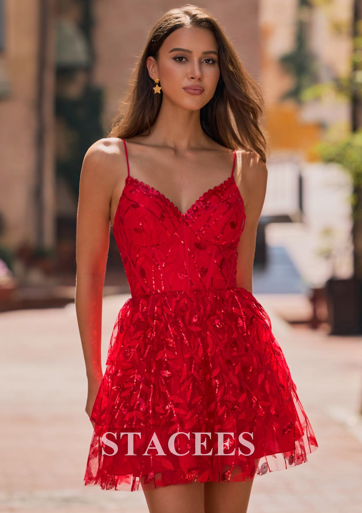 Red Sparkly A-line Floral Lace Sequin Layered Ruffle Homecoming Dress - STACEES