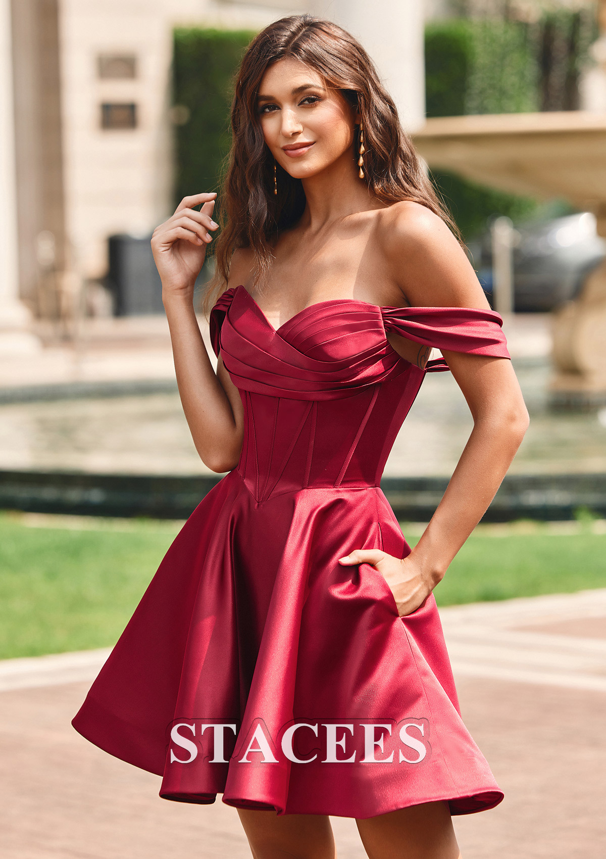 Bordeaux Robe trapèze Robe Marquise épaule dénudée satin courte/mini robe de fête de la rentrée  - STACEES