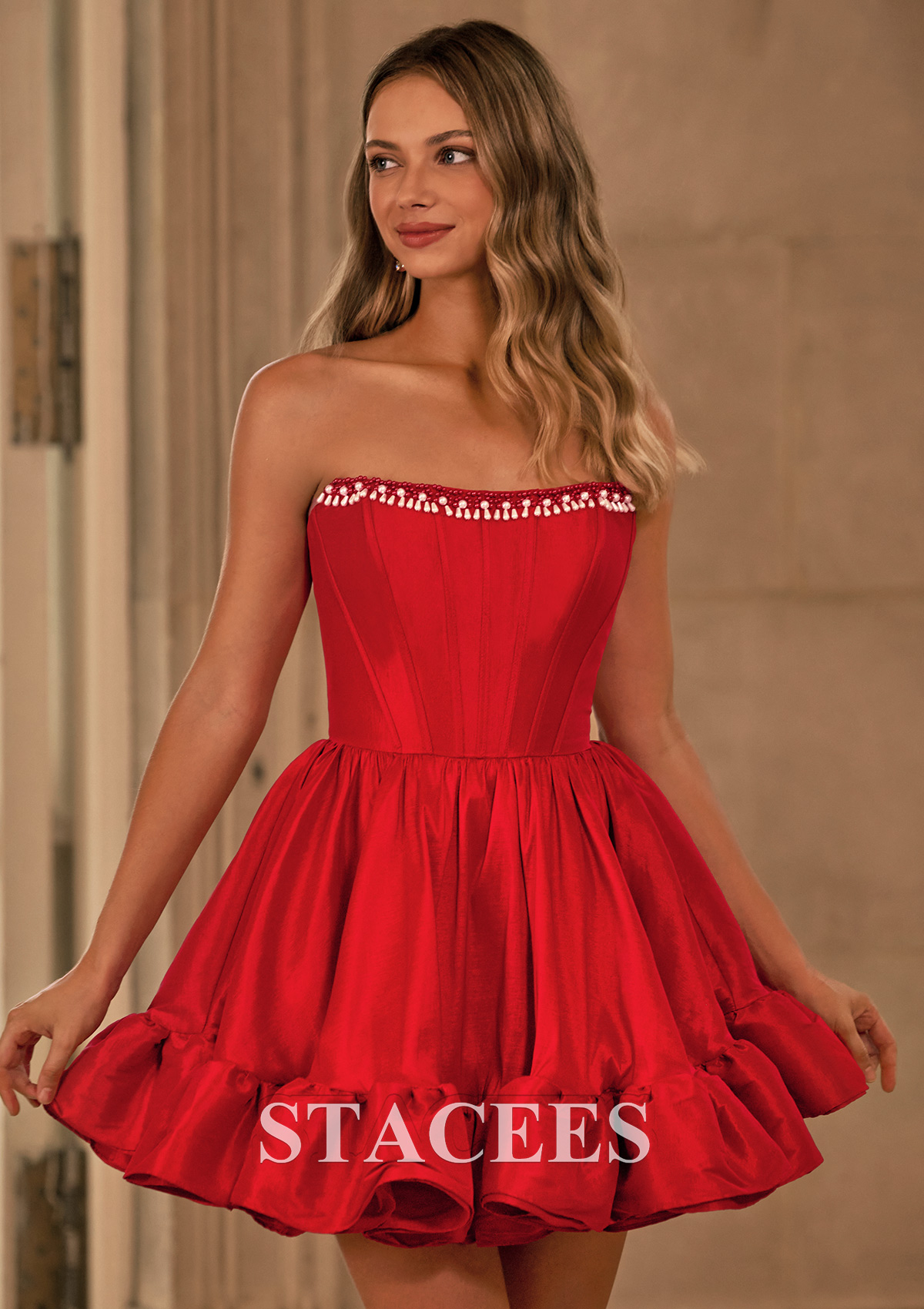 Red A-line Pearl Bateau Taffeta Strapless Corset Ruffled Bubble Homecoming Dress - STACEES