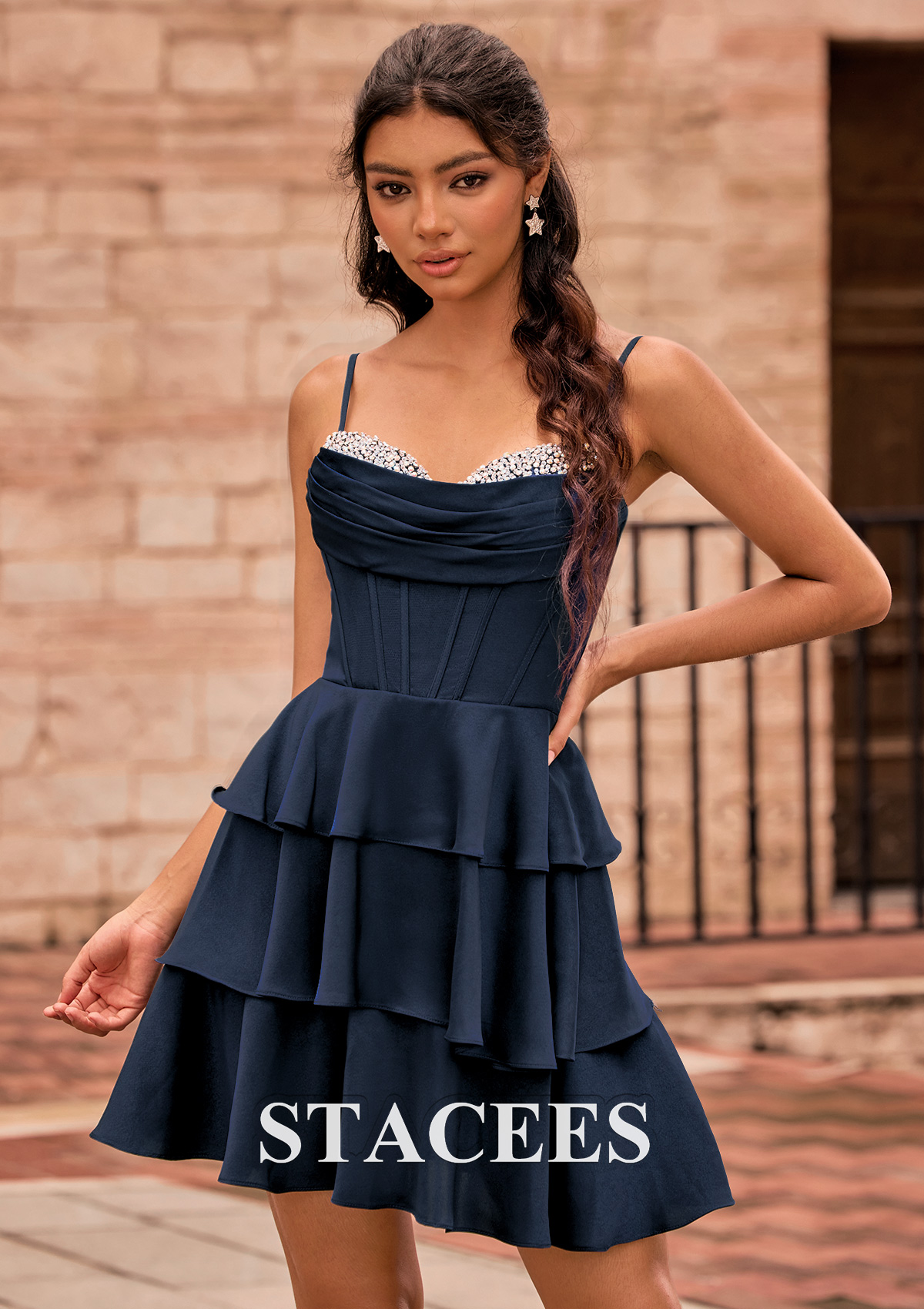 Bleu marine foncé Robe trapèze col bénitier satin extensible courte/mini robe de fête de la rentrée avec perles volants - STACEES