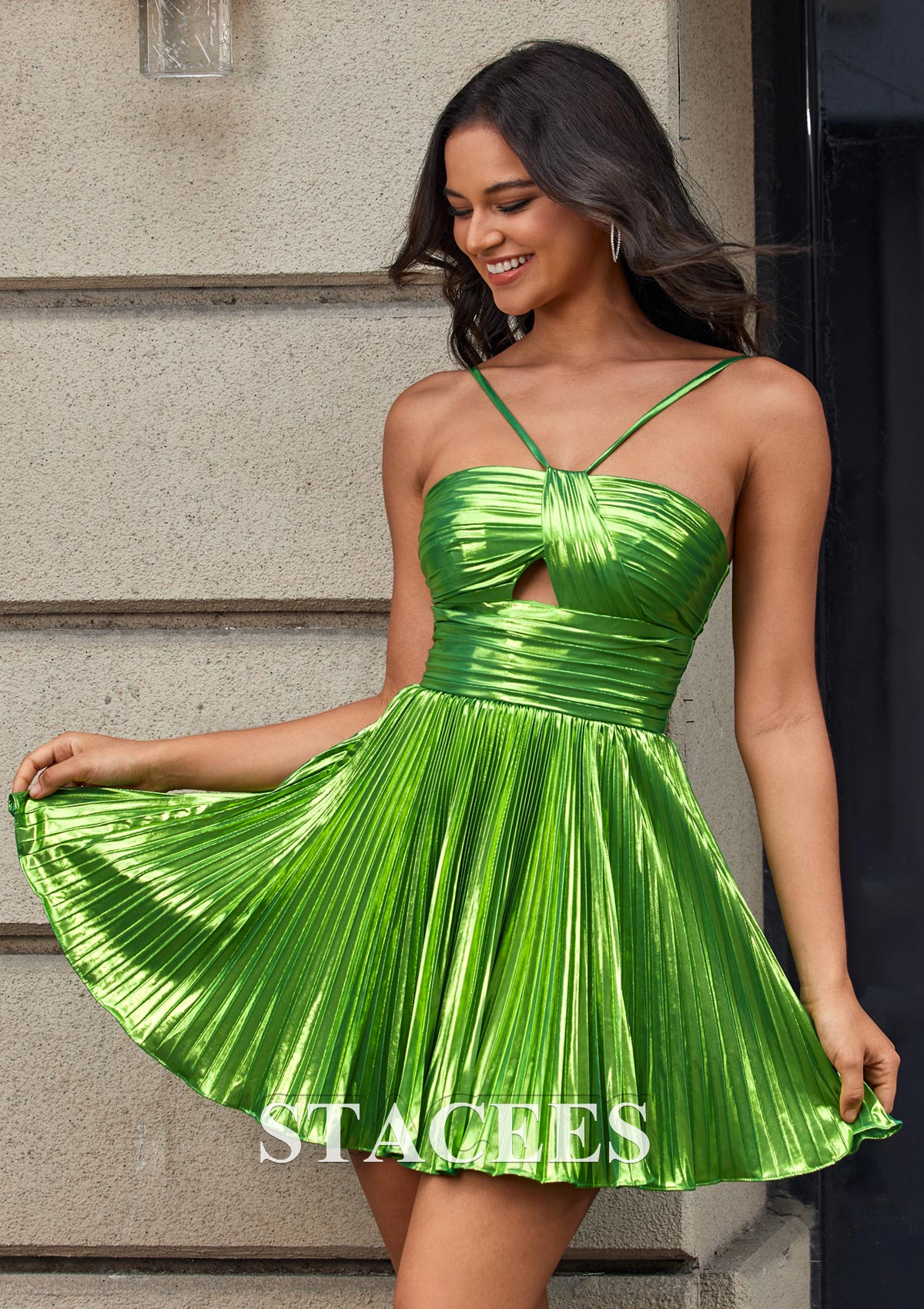 Vert Citron Robe trapèze licou métallique courte/mini robe de fête de la rentrée  - STACEES