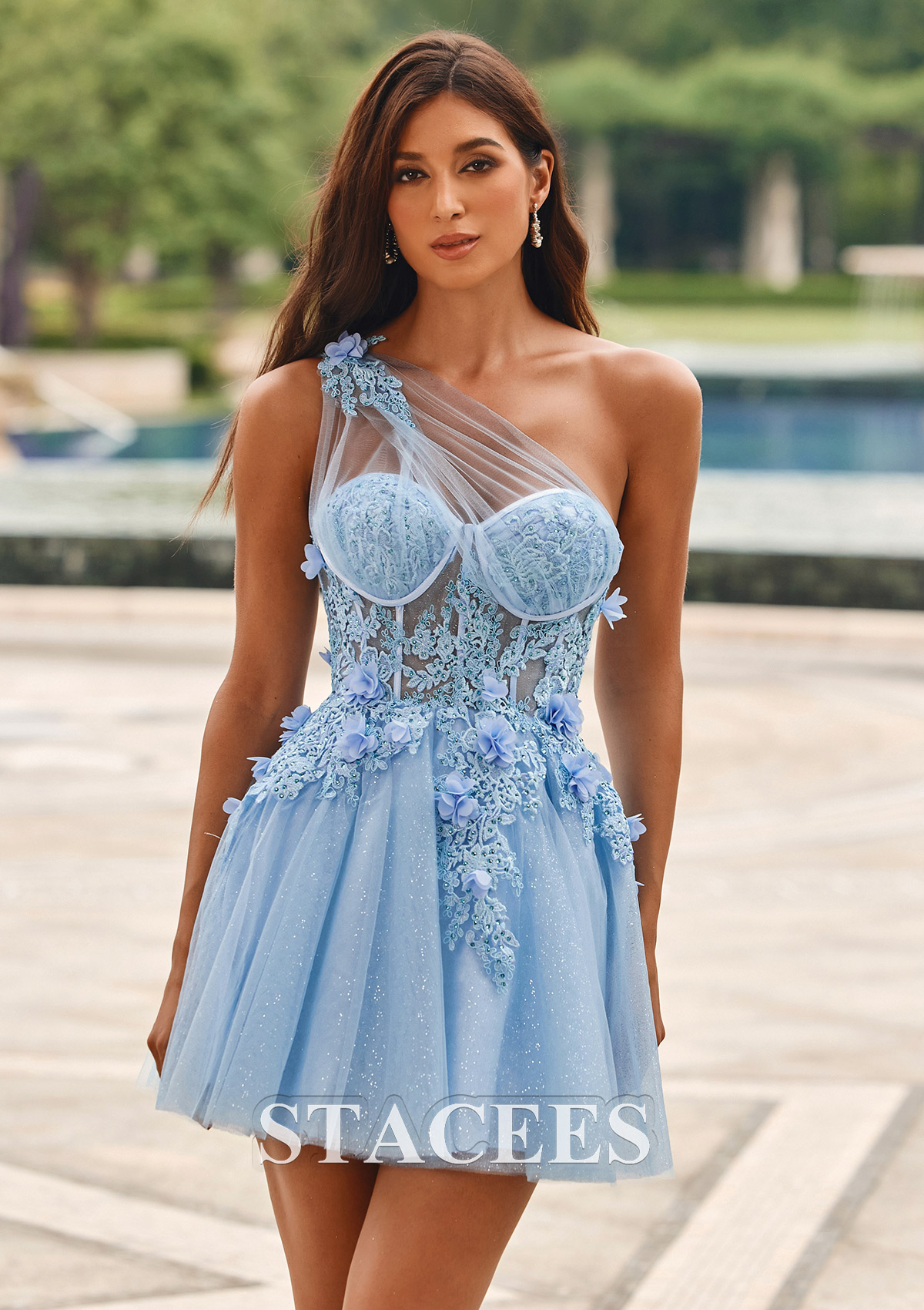Azul Cielo Vestido línea a un hombro tul corto/mini vestido para homecoming - STACEES