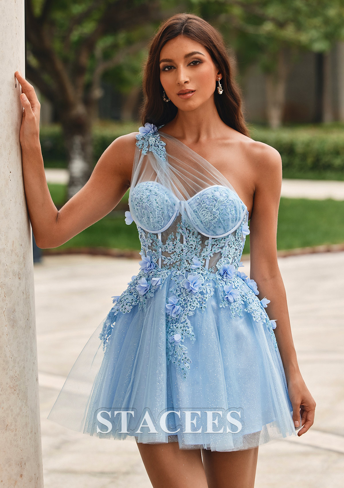 Azul Cielo Vestido línea a un hombro tul corto/mini vestido para homecoming - STACEES