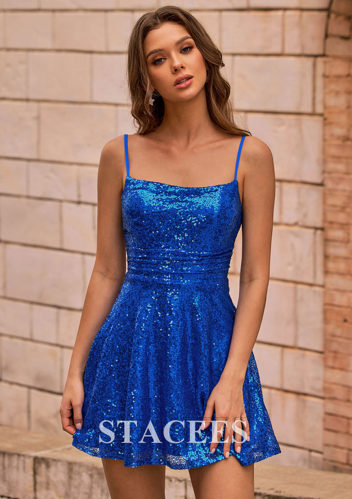 Bleu Royal Robe trapèze carrée paillettes courte/mini robe de fête de la rentrée - STACEES