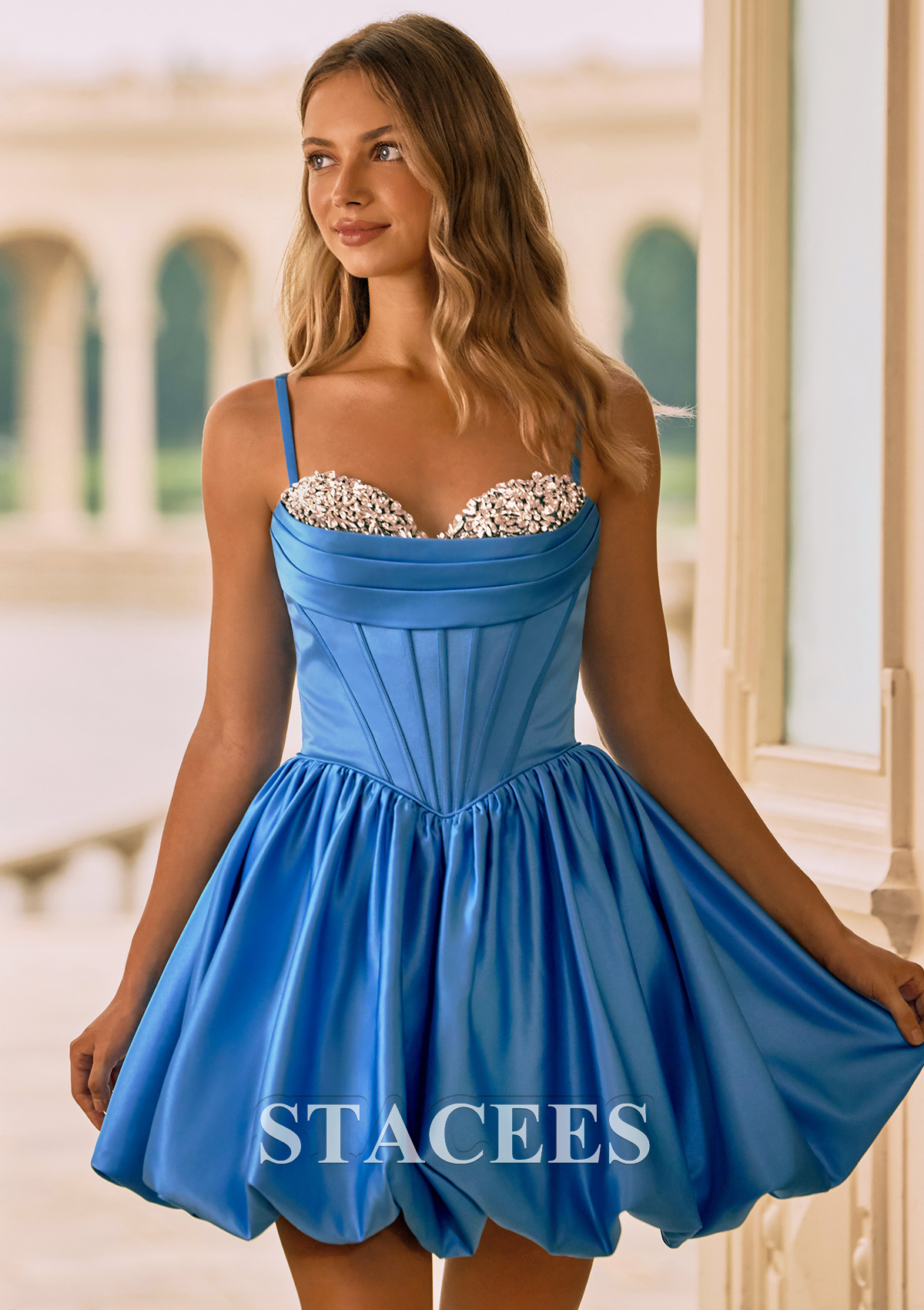 Blue Jay A-line Sweetheart Ruched Crystal Corset Satin Bubble Homecoming Dress  - STACEES