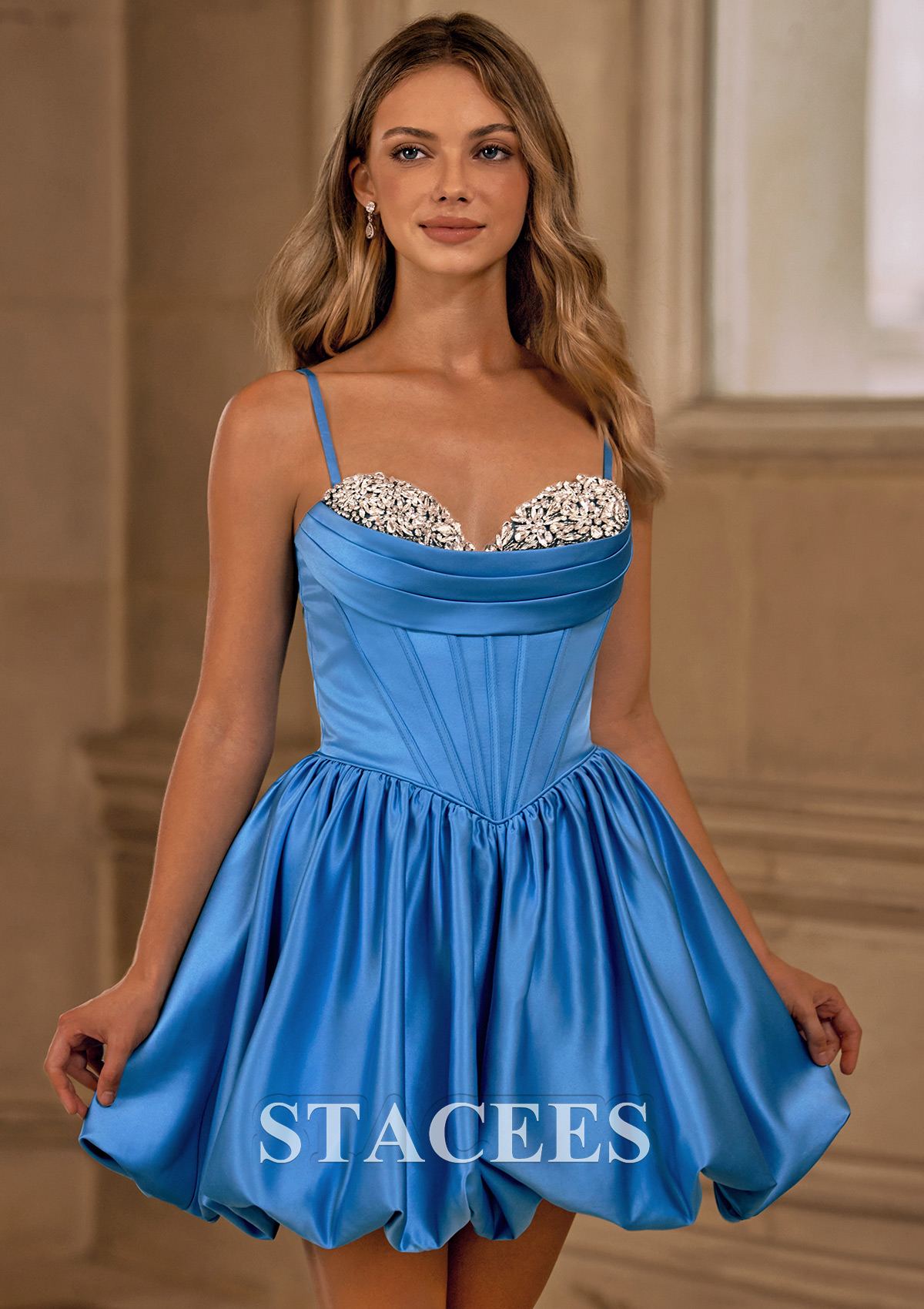 Blue Jay A-line Sweetheart Ruched Crystal Corset Satin Bubble Homecoming Dress  - STACEES