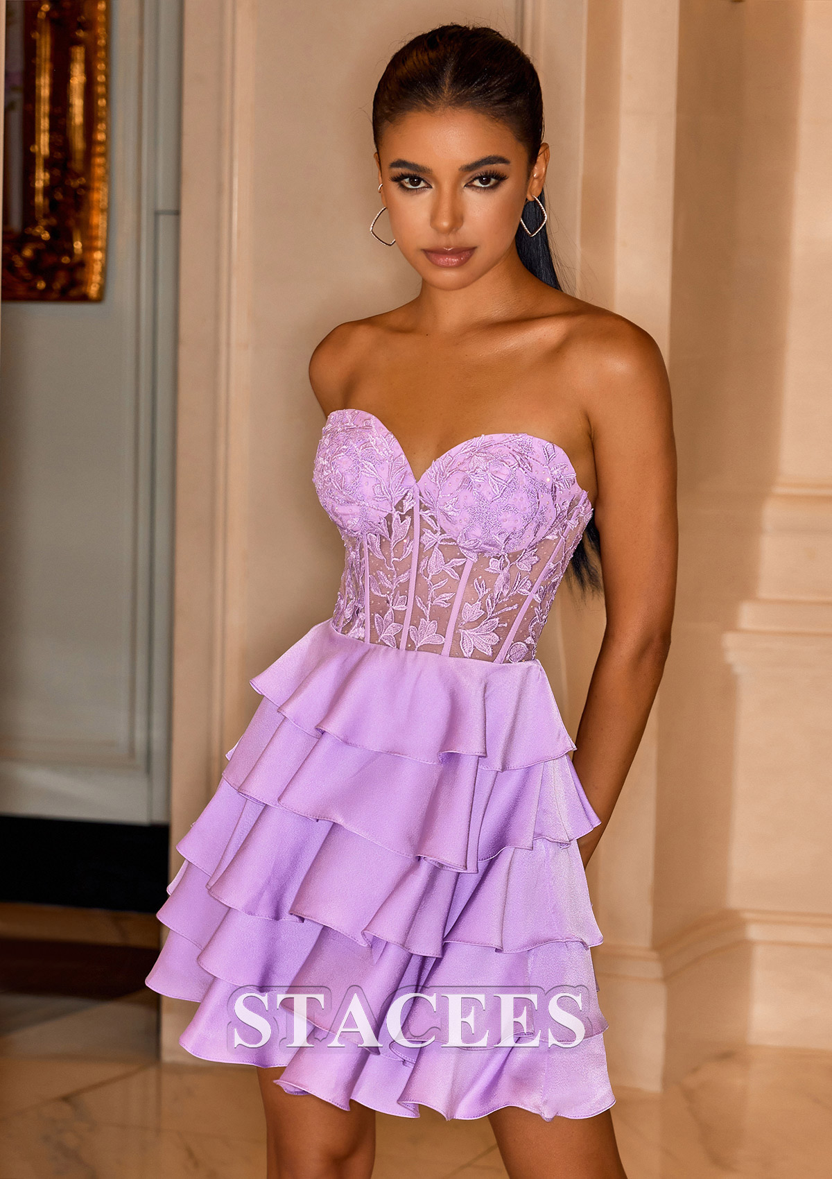 Lilac Vestido línea a cuello de corazón satén elástico corto/mini vestido para homecoming - STACEES