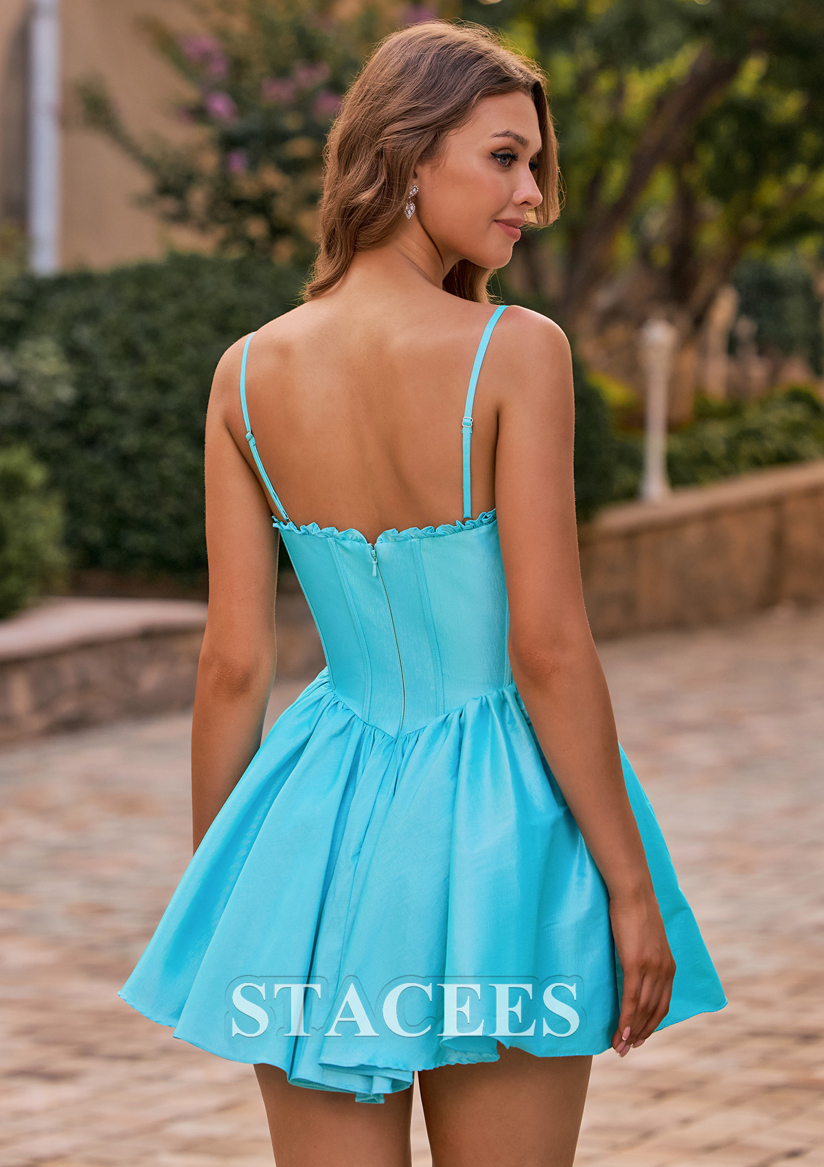 Bleu Ciel Robe trapèze cache coeur taffetas courte/mini robe de fête de la rentré avec plissé - STACEES