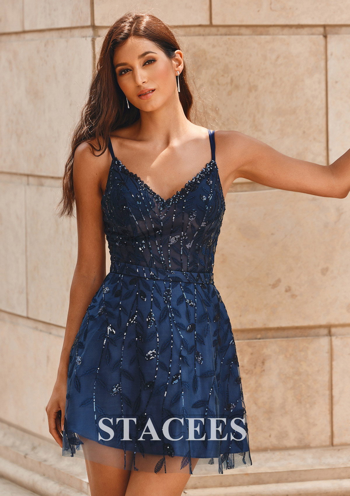 Bleu marine foncé Robe trapèze col en v tulle courte/mini robe de fête de la rentrée  - STACEES