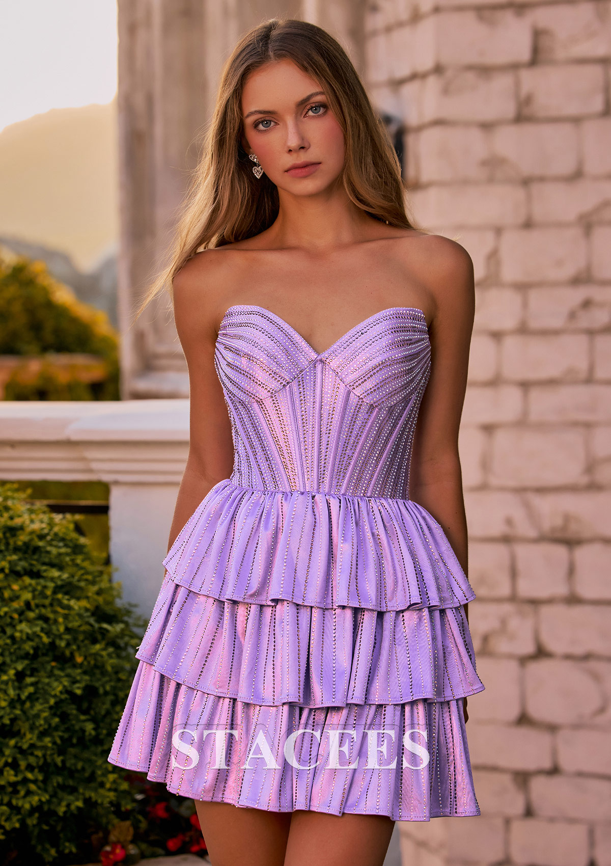 Lilac Sparkle Strapless Corset Tiered Ruffle Beaded Homecoming Dress - STACEES