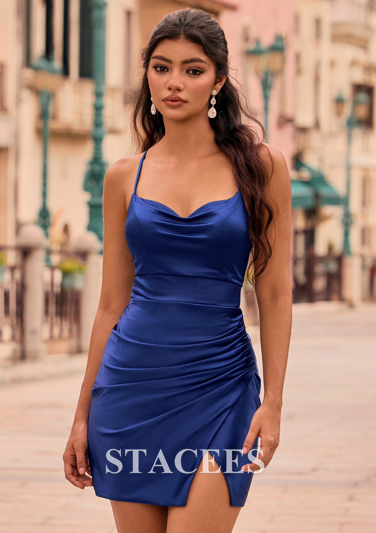 navy blue satin homecoming dress Fitted Flattering Cowl Neck Slit with Spaghetti Straps S8573H - Homecoming Dresses Size:L(55-65kg; 167-175cm) plus size and custom sa_sb_below80 What to Wear to