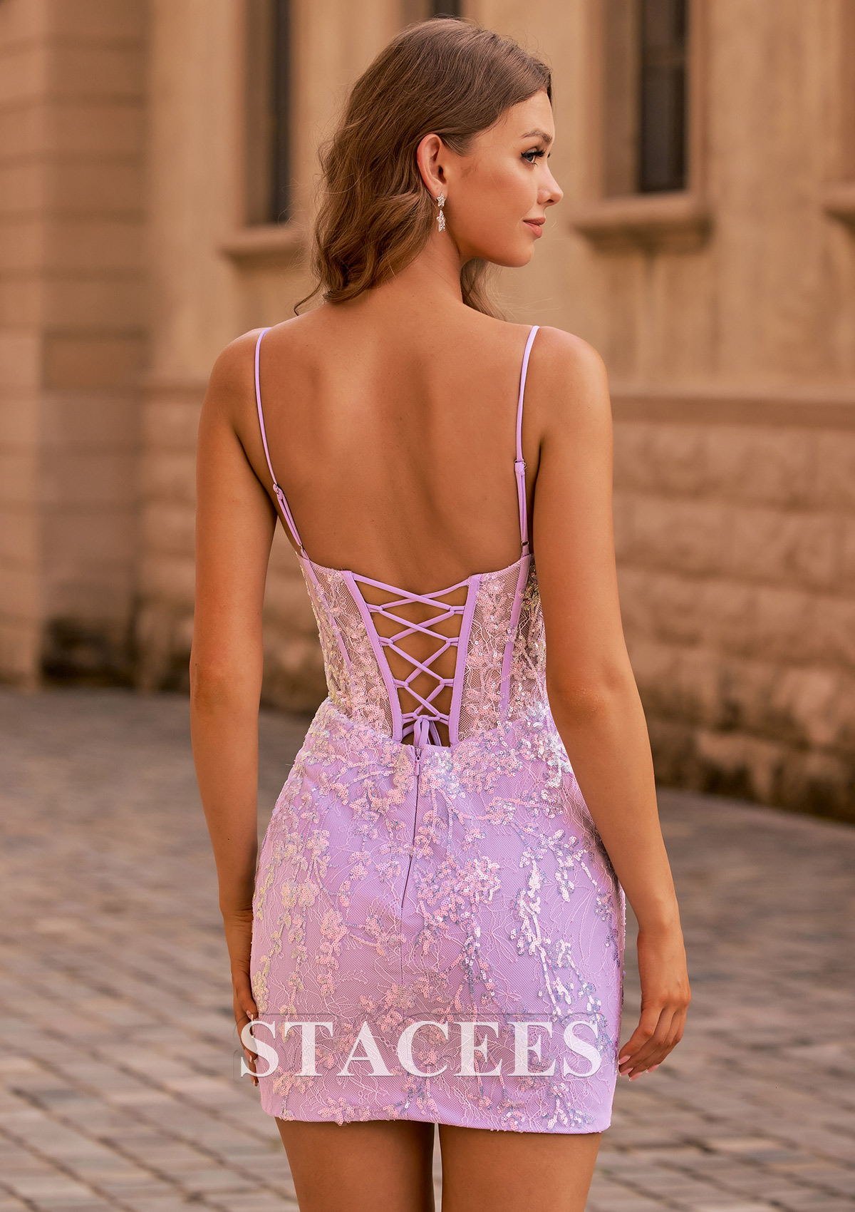 Lilac Plugging V Neck Sequined Lace Illusion Corset Homecoming Dress - STACEES