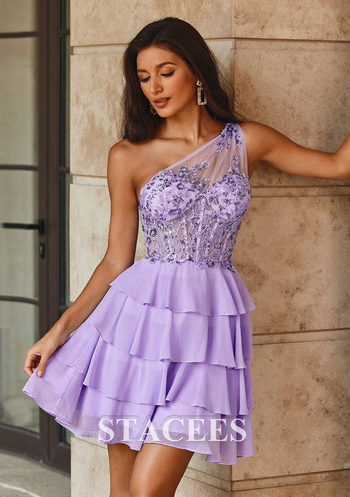 Lavande Trapèze une épaule mousseline courte/mini robe de fête de la rentrée  - STACEES