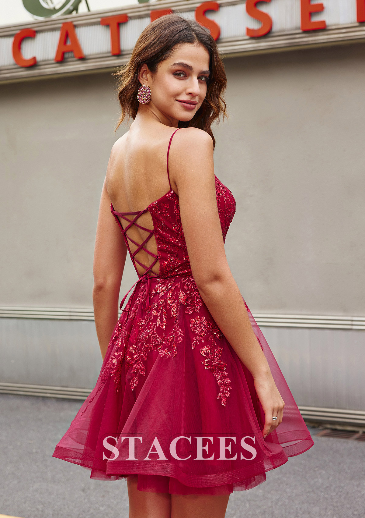 Bordeaux Robe princesse col en v tulle courte/mini robe de fête de la rentrée avec glitter - STACEES