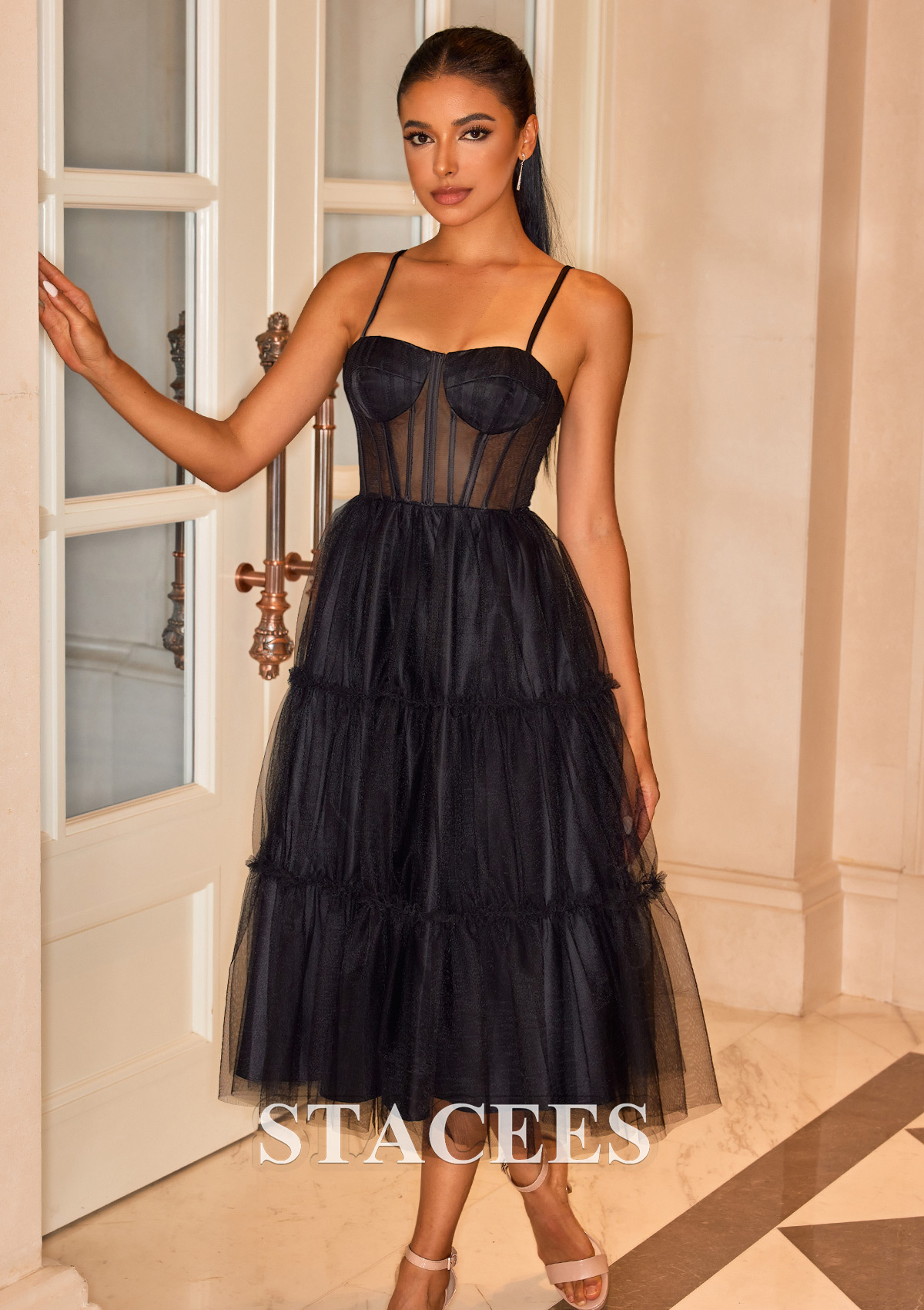 Black Vestido línea a cuello cuadrado tul hasta la tibia vestido para homecoming - STACEES