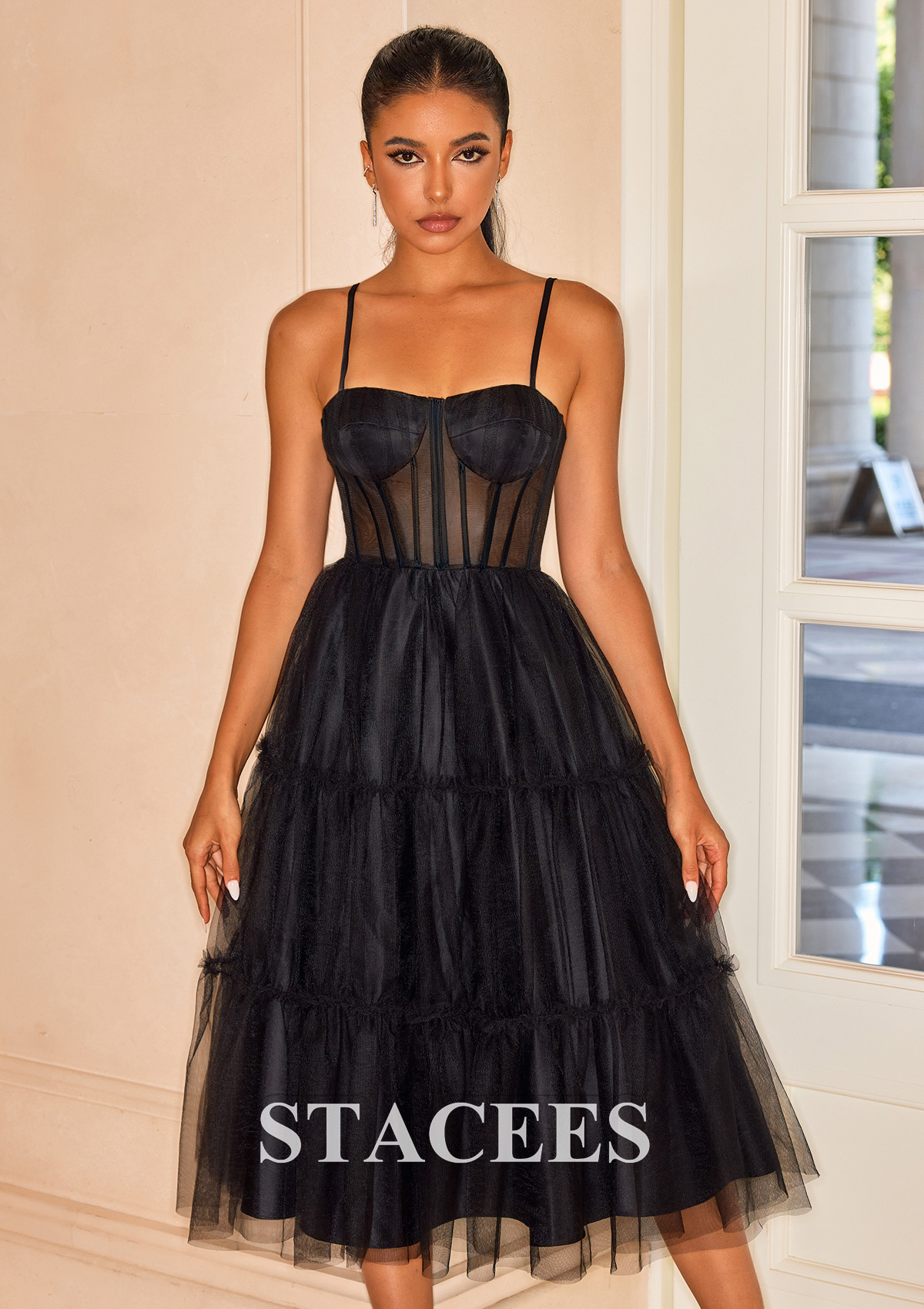 Black Vestido línea a cuello cuadrado tul hasta la tibia vestido para homecoming - STACEES