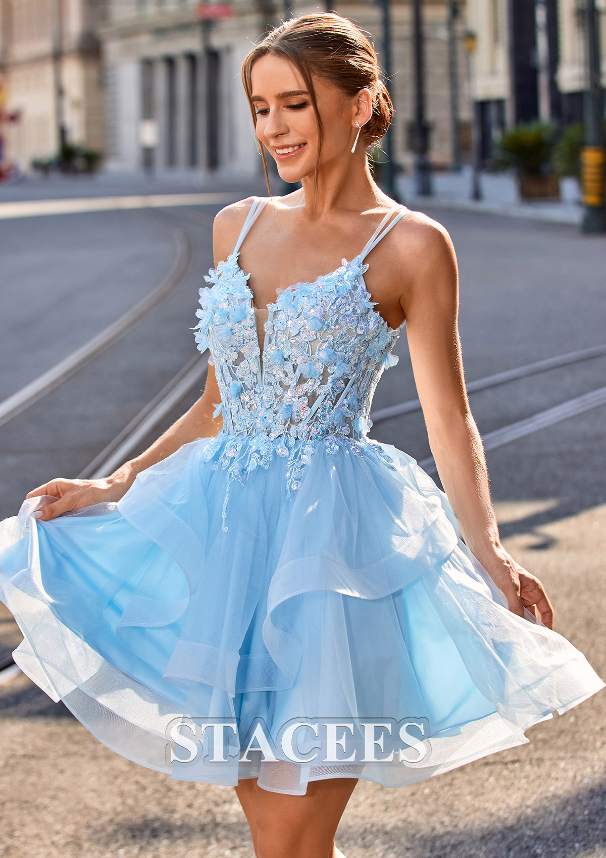 Bleu Ciel Robe trapèze col en v tulle courte/mini robe de fête de la rentrée - STACEES