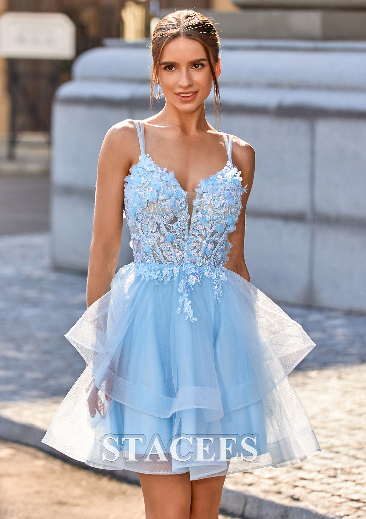 Bleu Ciel Robe trapèze col en v tulle courte/mini robe de fête de la rentrée - STACEES