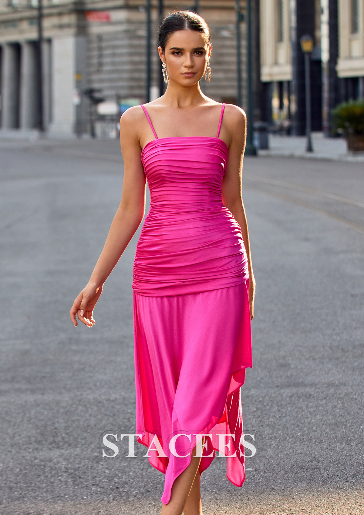 Fuchsia Sheath/Column Square Neckline Jersey Asymmetrical Homecoming Dress with Pleated - STACEES