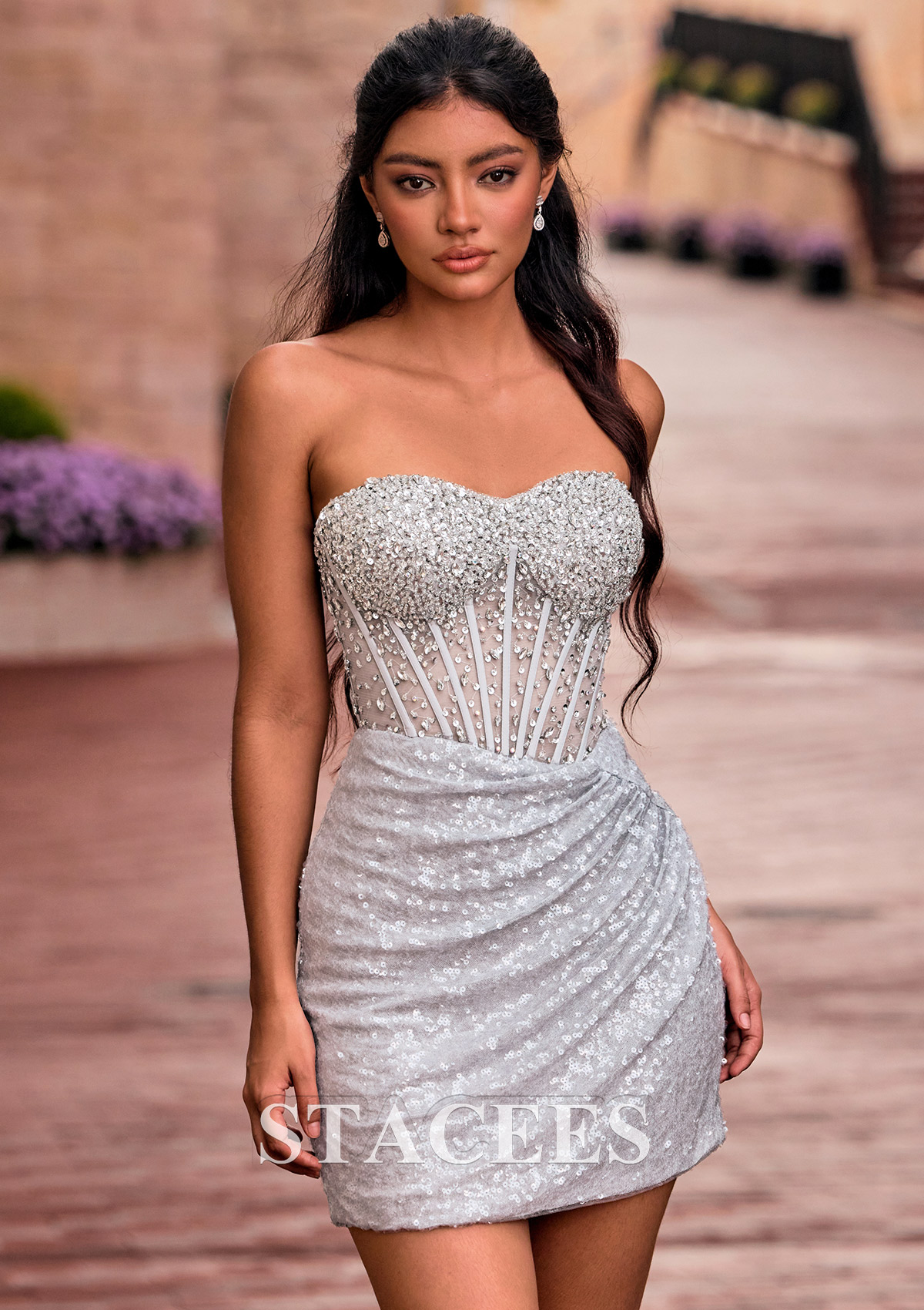 Silver Sequin Strapless Fitted Homecoming Dress with Beaded Sheer Corset - STACEES