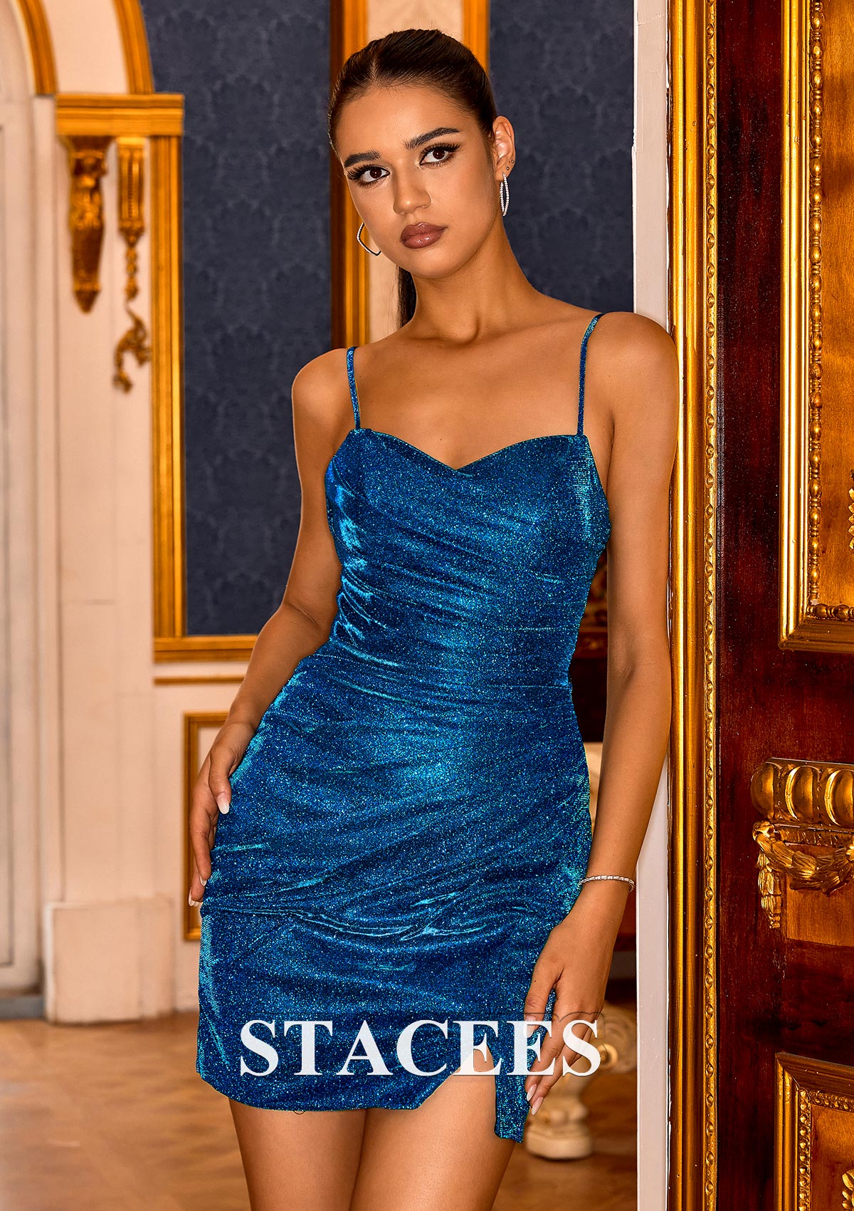 Bleu marine foncé Fourreau col en v tricot courte/mini robe de fête de la rentrée - STACEES