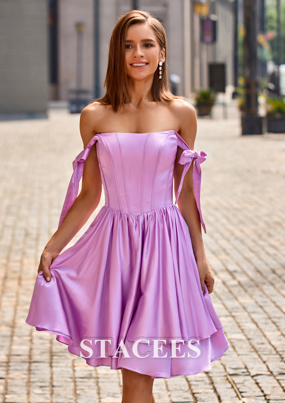 Lilac A-line Off-the-Shoulder Short/Mini Satin Homecoming Dress with Ruffles Bows - STACEES