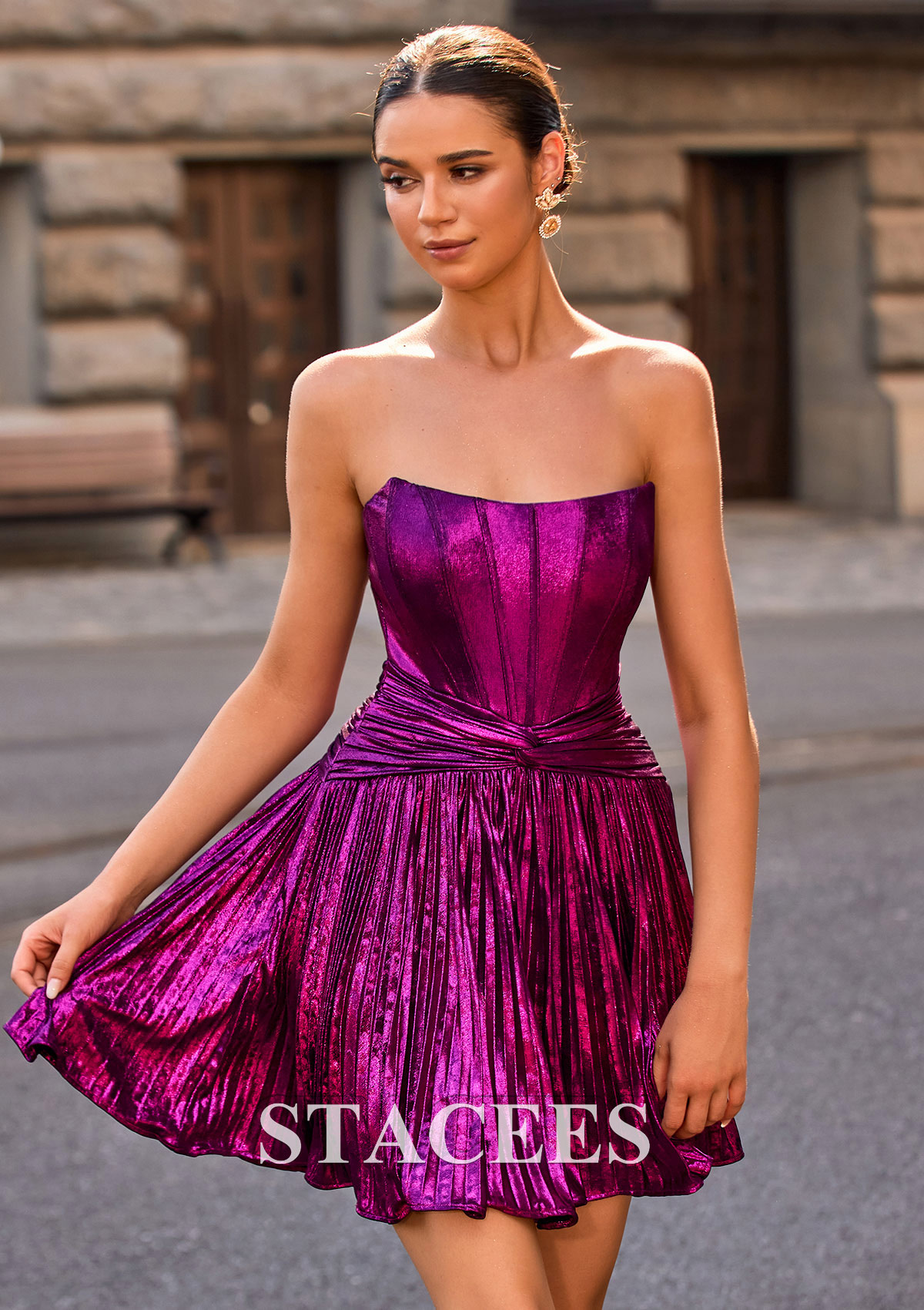Fucsia Vestido línea a cuello cuadrado metálico corto/mini vestido para homecoming - STACEES
