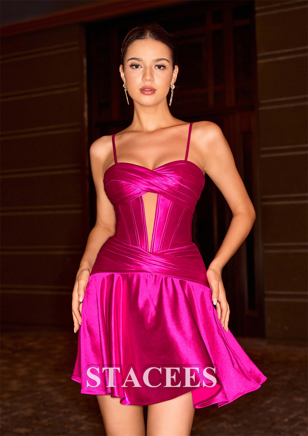 Fuchsia A-line Strapless Ruched Corset Short Homecoming Dress with Keyhole - STACEES