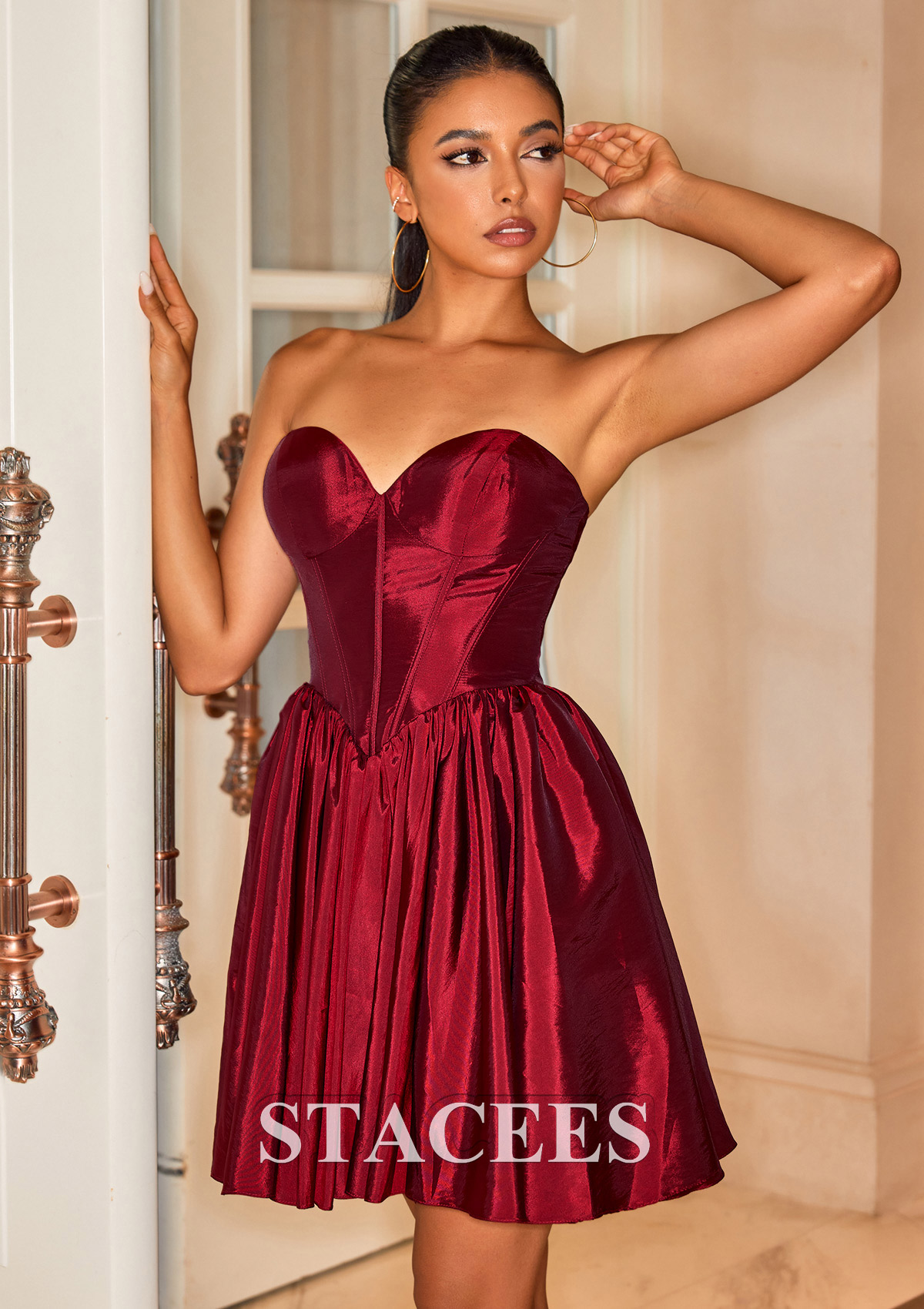 Burgundy A-line Strapless Taffeta Corset Homecoming Dress - STACEES