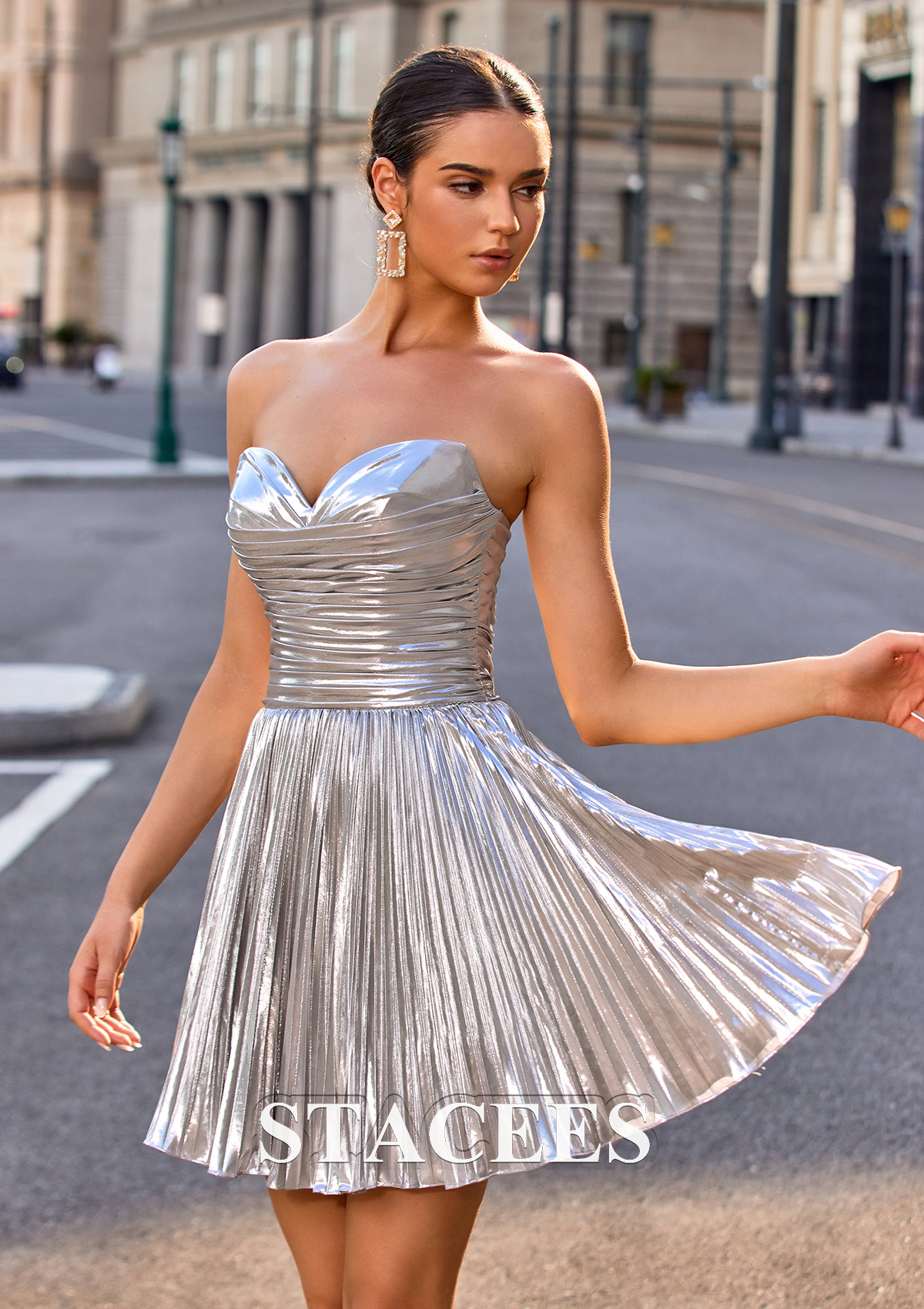 Silver A-line Strapless Ruched Metallic Satin Homecoming Dress - STACEES