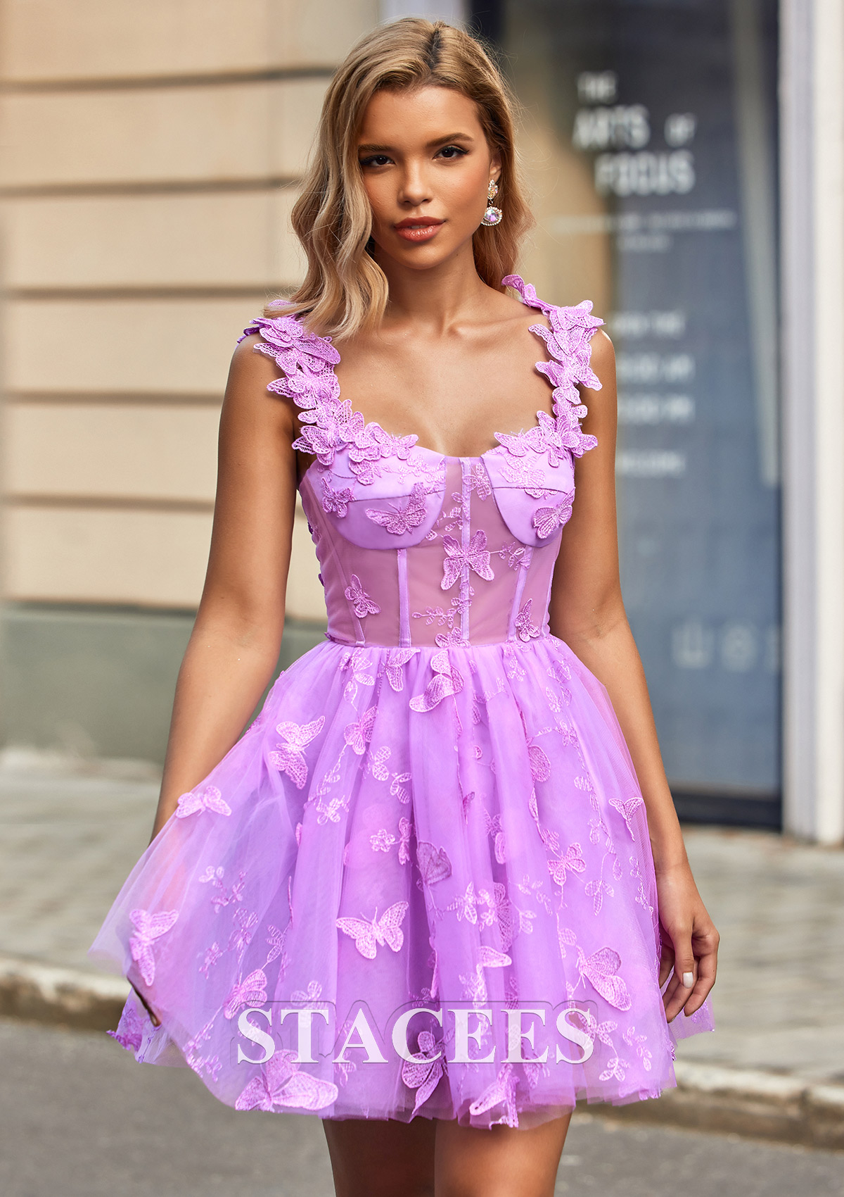 Lilac A-line V Neck Sleeveless Tulle Short/Mini Homecoming Dress with Butterfly - STACEES