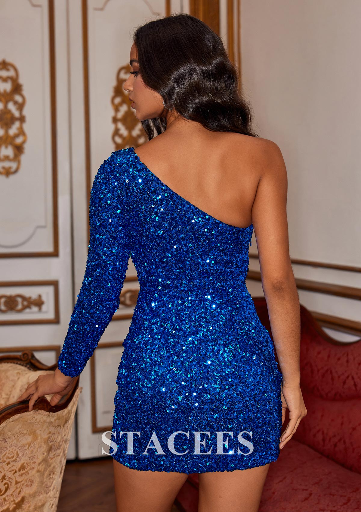 Bleu Royal Fourreau une épaule paillettes courte/mini robe de fête de la rentrée - STACEES