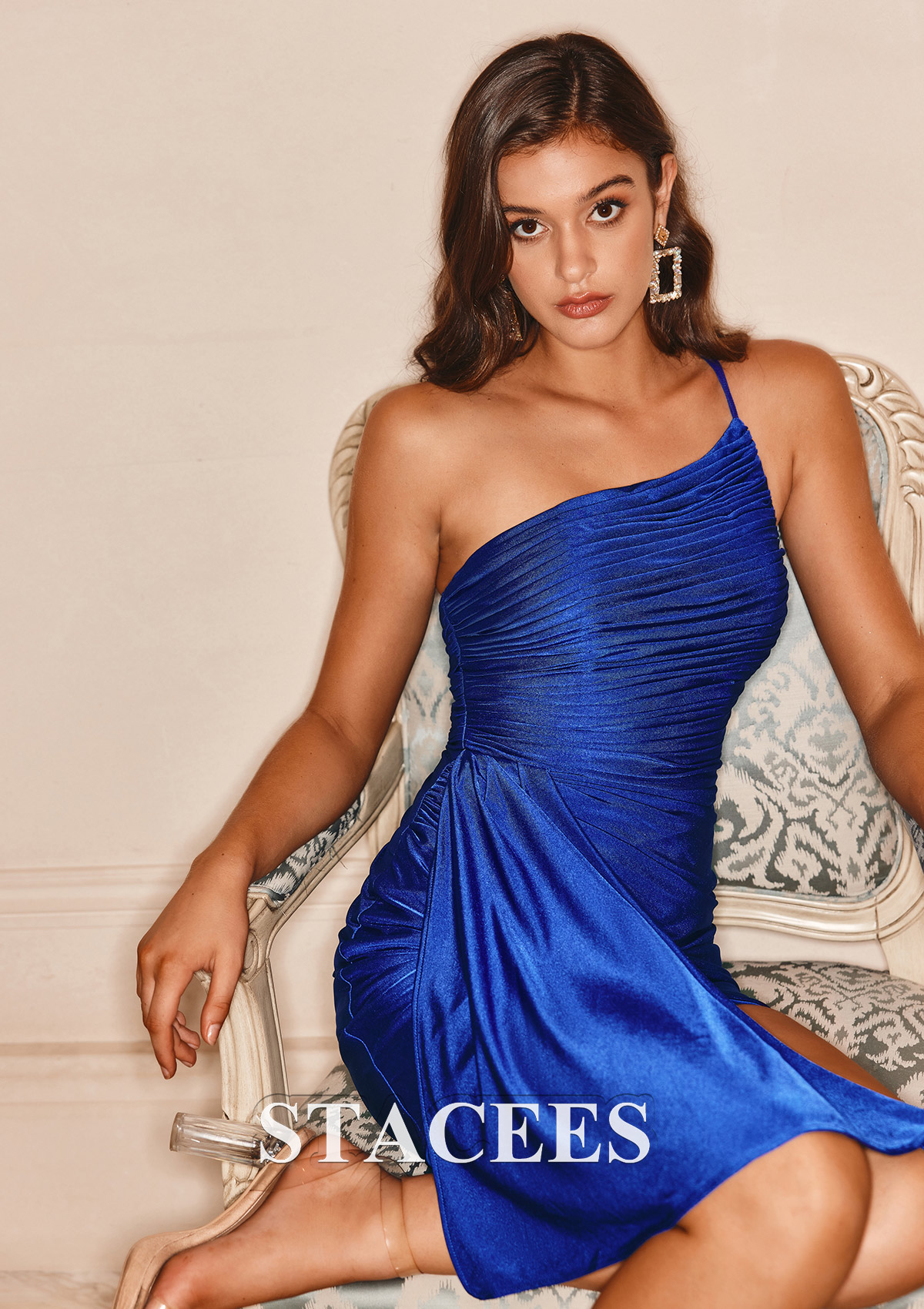 Royal Blue Sheath/Column One-Shoulder Short/Mini Jersey Homecoming Dress with Pleated Side Draping - STACEES