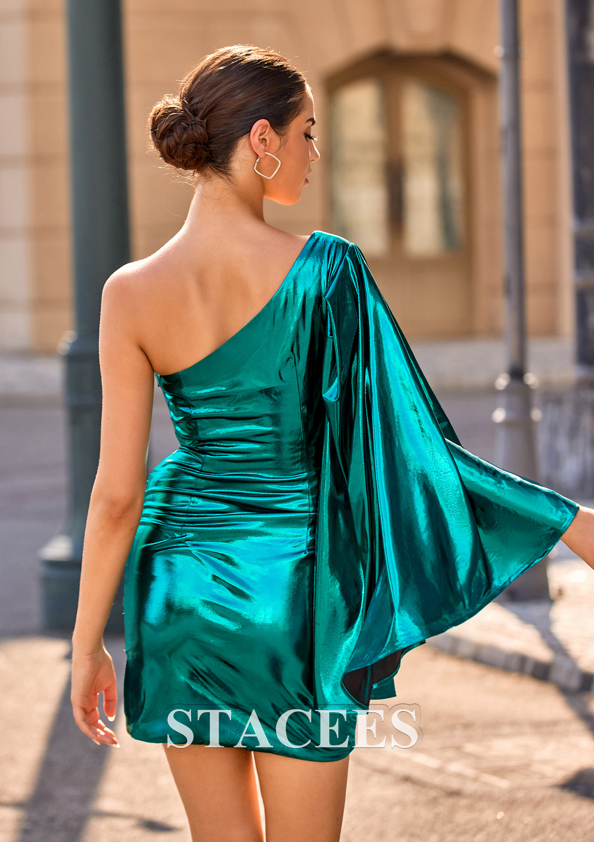 Teal Sheath/Column One-Shoulder Short/Mini Metallic Homecoming Dress with Pleated Split - STACEES